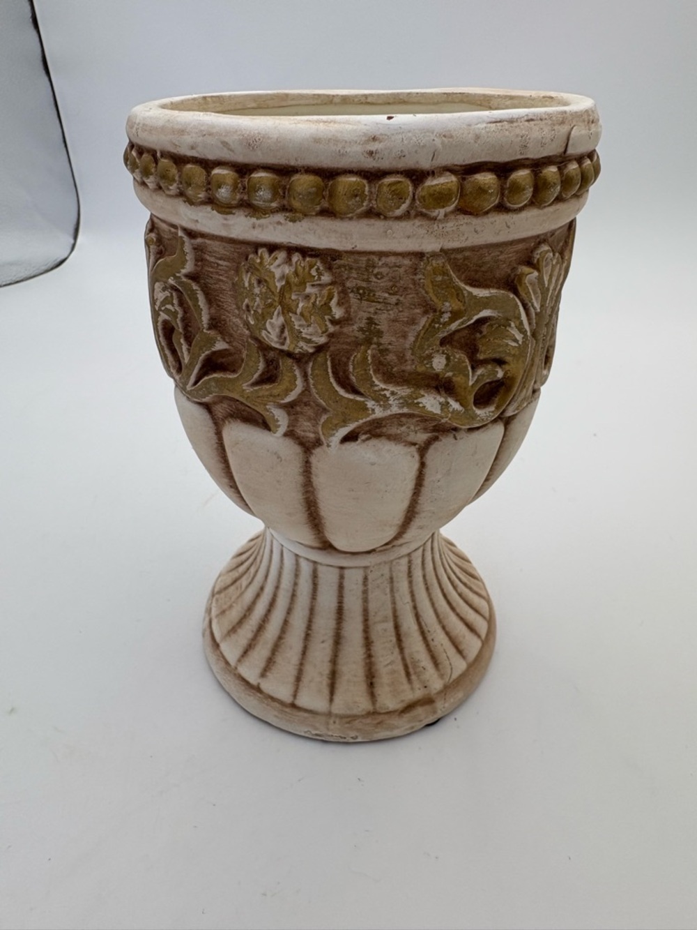 Vintage Grecian Style Cream and Golden Brown Ceramic Pedestal Vase or Planter - Picture 5 of 14